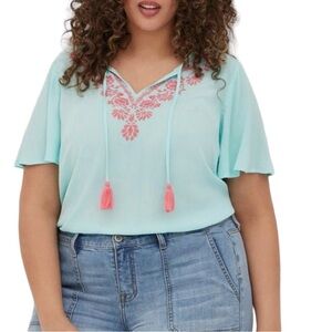 Torrid Light Blue Blouse with Pink Embroidery